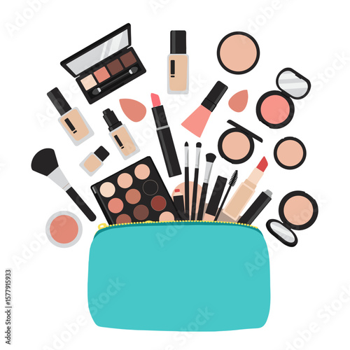 Assorted makeup products spilling out of a blue cosmetic bag on a white background in a flat style