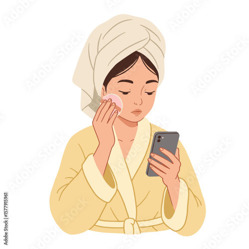 Young woman in bathrobe and towel applying makeup while looking at her smartphone in a relaxed setting