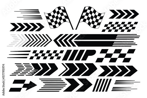 Racing car stripes set with checkered flag, finish line, dynamic lines, and motocross labels for motorsport and automotive competition designs