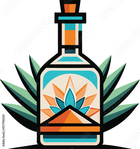 Health Focused Cold Pressed Juices Stylish Tequila Bottle Design with Agave Plant, Geometric Pattern, and Vibrant Colors.