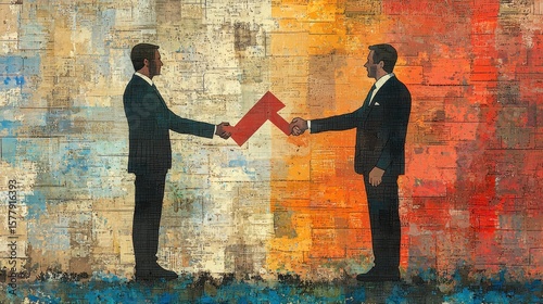A handshake, symbolic of collaboration, between two figures against a backdrop of a dynamic rising arrow, symbolizing growth and success, against a vibrant, modern backdrop 