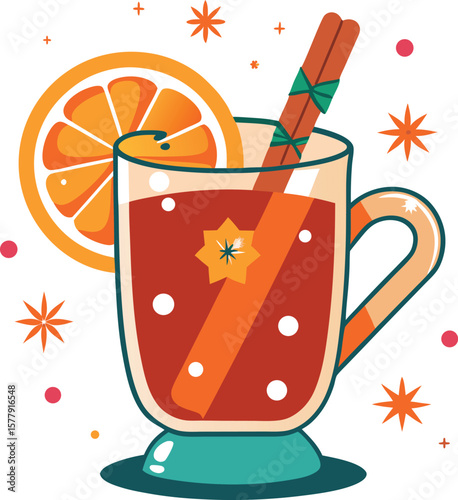 Health Focused Cold Pressed Juices Festive Mulled Wine in Glass Mug with Orange Slice and Cinnamon Stick for Winter Holidays