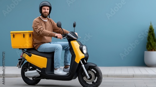 Contactless food delivery concept with courier riding electric scooter, wearing helmet and gloves, urban background, safety, speed, and convenience