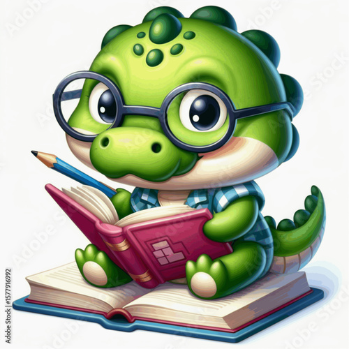 3d crocodile cartoon reading a book