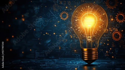A sleek, flat illustration features a glowing lightbulb, its intricate internal workings represented by gears and charts, symbolizing the innovative and strategic mind behind creative business 
