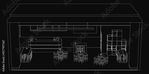 A cozy cafe with black and white sketch-style tables and chairs, set against a dark background. The drawing features clean lines and a minimalist aesthetic.