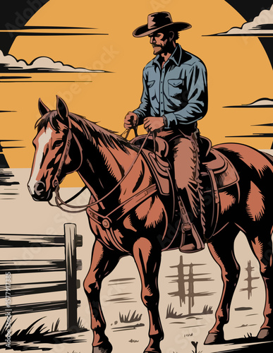 Vintage Western Cowboy on Horseback – Classic Rodeo Sketch with Lasso and Hat in Rustic Style	