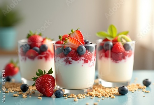 Wallpaper Mural delicious creamy yogurt pots vibrant fresh fruit toppings easy healthy dessert indulgence, snack, sweet, berries, milk, breakfast, vanilla, banana, kiwi, peach Torontodigital.ca