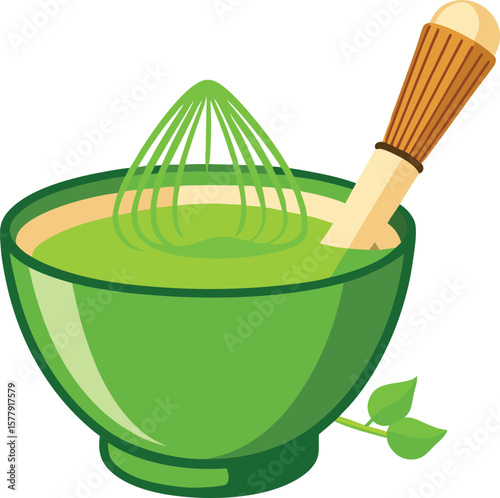 Garnished Cocktail Presentations Preparing a Delicious Matcha Green Tea Drink with a Traditional Whisk and Bowl