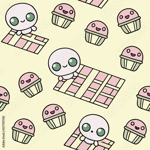 A whimsical, colorful pattern featuring funny cartoon characters and festive Christmas icons