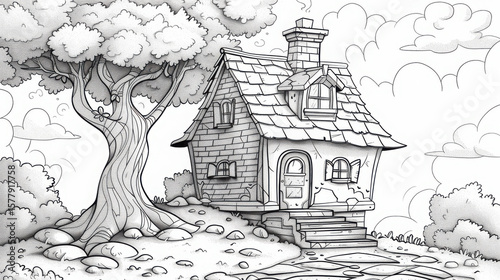 A simple treehouse line drawing on a white background, designed as a coloring page for ages 4–6, with large shapes, thick outlines, and friendly details like a ladder, windows, and leaves for easy.