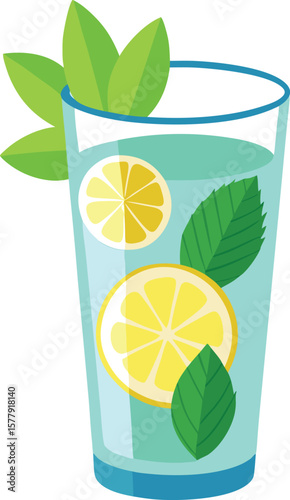 Garnished Cocktail Presentations Refreshing Lemon and Mint Drink in a Glass, Perfect Summer Beverage Illustration, Cool and Tasty,...