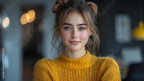 A vibrant young woman, her eyes sparkling with happiness, exuded an aura of confidence as she leaned against a sleek, minimalist office desk 