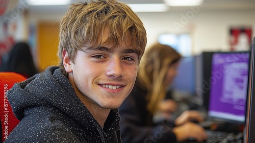 A youthful grin illuminated the face of a young man as he settled into his chair, the glow of a computer screen casting a warm halo around his features 