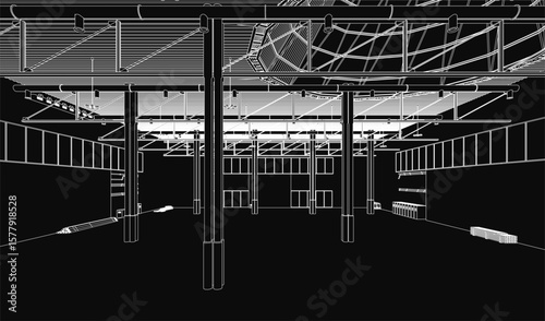 Black and white blueprint of a large hangar with numerous windows, showcasing detailed interior elements like pillars, railings, and structural supports.