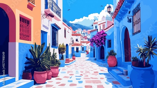 Colorful Mediterranean alleyway, sunny day, mountain backdrop, vibrant houses