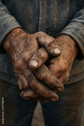 Close-up of weathered, dirty hands of a hardworking laborer, showing callouses, cracks, and dirt, symbolizing the toughness and hardship of manual work