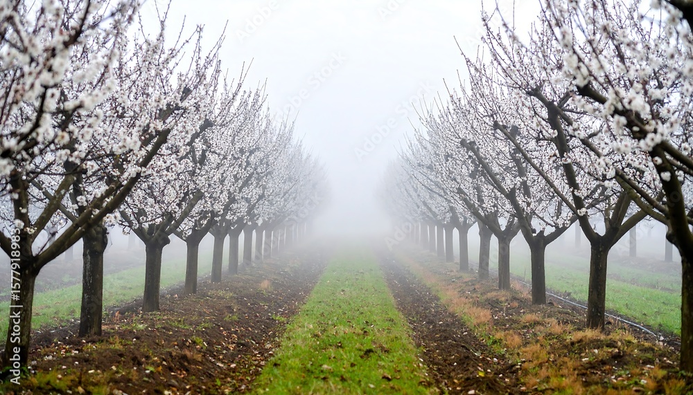 Obraz premium Misty orchard lane with blossoming trees