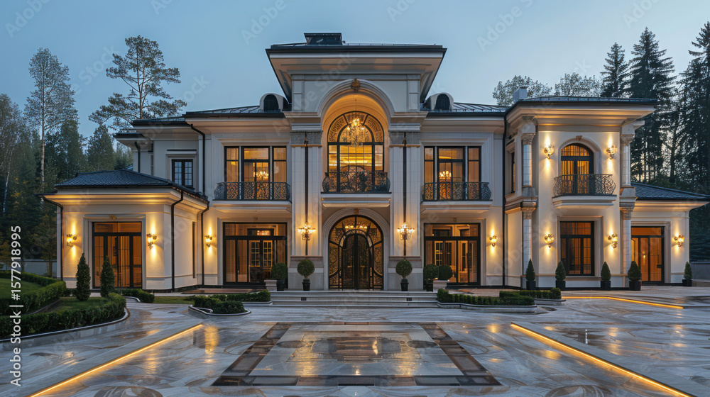 Obraz premium Empty driveway in front of the big white luxury dream house in the evening. Residential home building exterior, expensive dwelling, wealthy rich family property and yard.