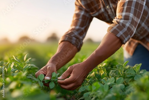 Farm Owner Inspecting Crops in Sunlit Field