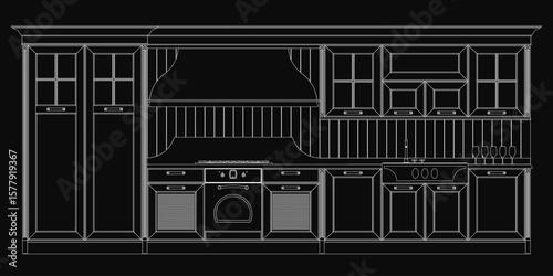 A black and white drawing of a classic kitchen featuring a stove top oven, wooden cupboards, and various utensils. The dark background enhances the timeless and elegant atmosphere.