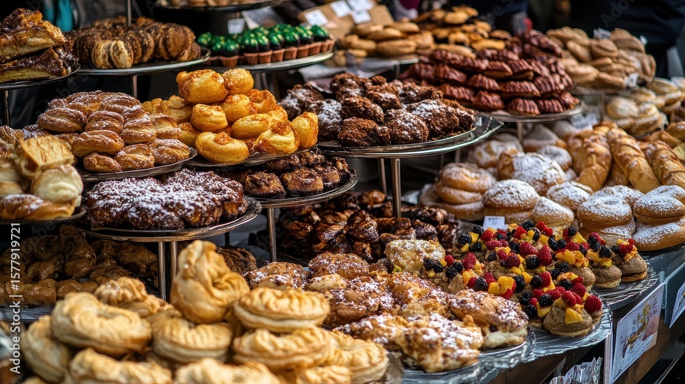 Obraz premium Assorted Pastries and Baked Goods on Display at a Bakery Market