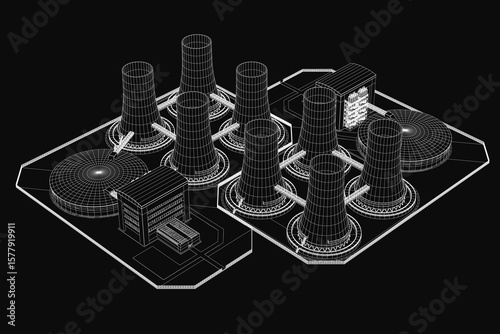 A detailed 3D model of a nuclear power plant features towers, chimneys, and industrial structures on a black background. The blueprint-style rendering highlights the complex design of the facility.