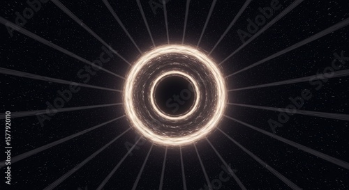Glowing golden ring emitting light rays in deep space representing a cosmic portal or abstract tunnel effect