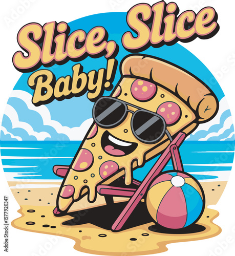 Cartoon pizza slice with sunglasses on beach chair with beach ball and ocean funny food