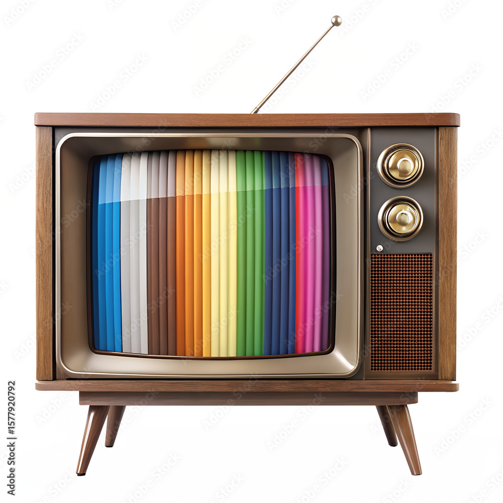 A vintage television with a rainbow spectrum on the screen, isolated on transparent background, evokes a sense of retro entertainment and classic design