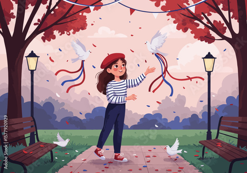 Bastille Day Delight A Parisian Celebration with Doves and Confetti, embracing the festive spirit.