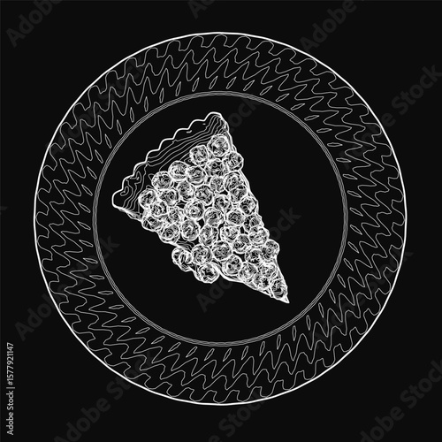 A delicious slice of pizza sits on a plate against a black background, featuring a thin crust topped with melted cheese, pepperoni, and mushrooms. The pie is perfectly centered.