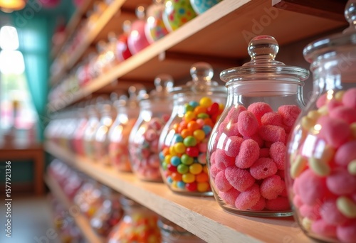vibrant candy collection colorful sweet treats delicious glass jars lush candyshop display whimsical delight, assortment, confectionery, store, tasty, chewy