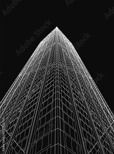 A towering black and white skyscraper stands against a dark, moody background, emphasizing its sleek modern architecture. The monochrome tones highlight sharp lines and reflective surfaces.