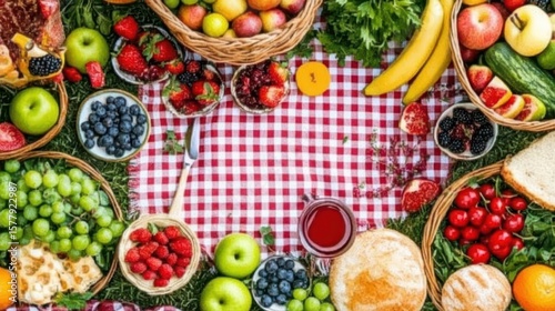Colorful Picnic Spread with Fresh Fruits and Baskets on Checkered Cloth