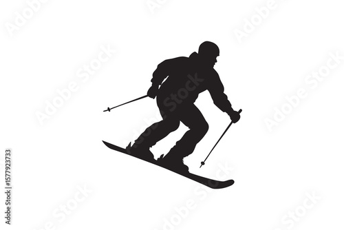 Silhouette of a Skier Skiing Downhill in a Dynamic Pose