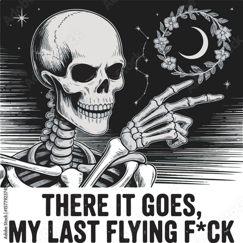 Skeleton pointing finger with moon and stars celestial wreath and text skull bones