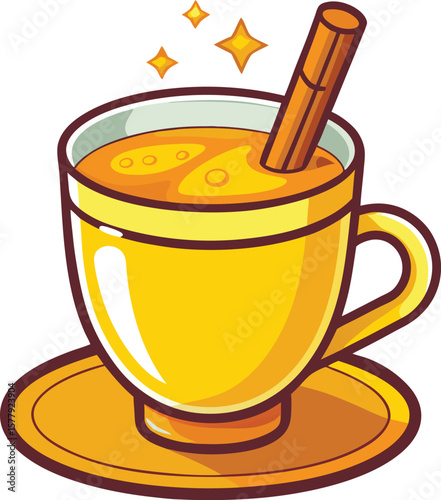 Herbal Tea Steam Aromatics Delicious Golden Turmeric Latte with Cinnamon Stick in a Mug on a Saucer