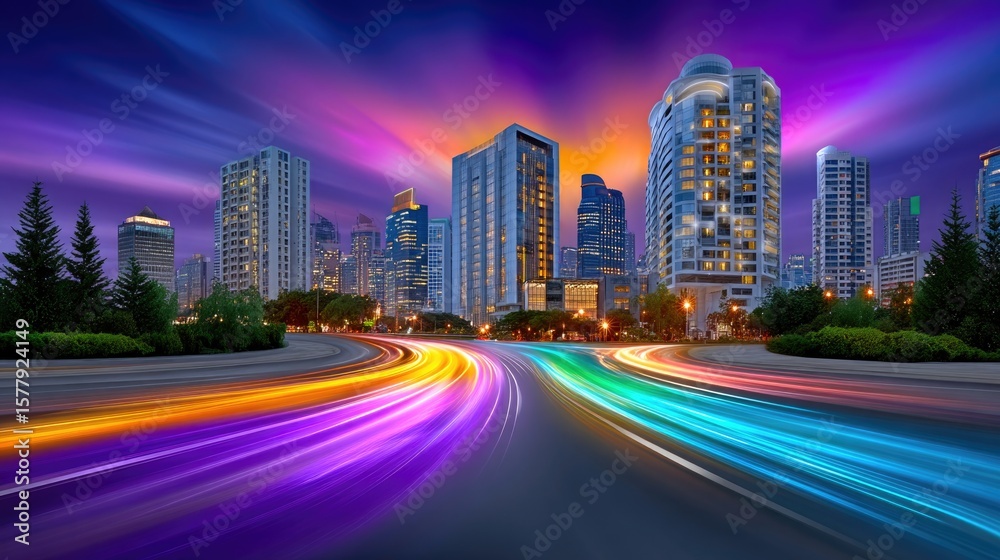 Fototapeta premium Night city with colorful light trails and dramatic sky