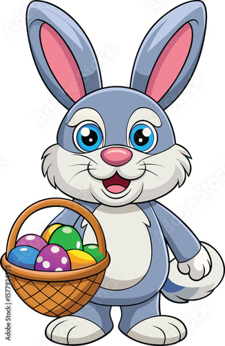Cheerful cartoon easter bunny holding a basket filled with colorful decorated eggs