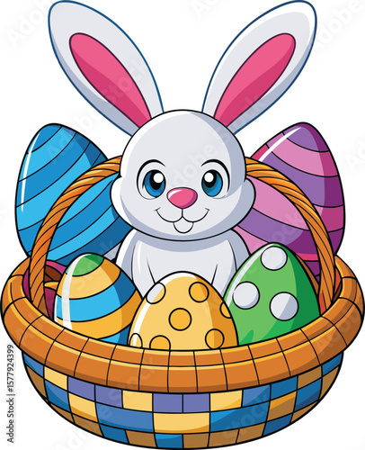 Adorable cartoon bunny peeking over a basket filled with colorful decorated easter eggs