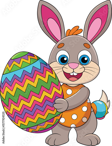 Joyful easter bunny holding a colorful zigzag patterned egg and wearing a polka dot outfit