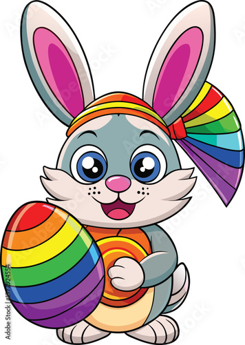 Joyful cartoon rabbit holding a colorful rainbow easter egg and wearing a matching headband