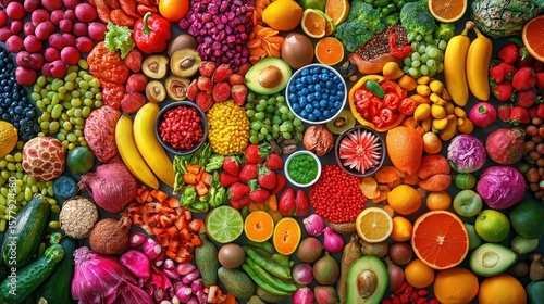 Colorful Assortment of Fresh Fruits and Vegetables on Vibrant Background