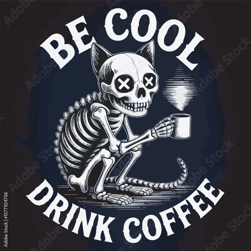Skeleton cat with X eyes holding a coffee mug with steam on dark background cat skeleton skull
