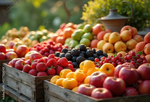 vibrant seasonal fruits displayed rustic wooden crates colorful fresh produce harvest, apple, banana, orange, grape, berry, vegetable, date, peach, plum