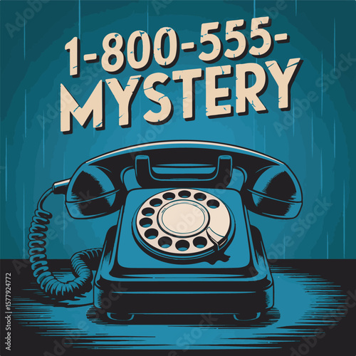 Vintage rotary telephone with 1 800 mystery phone number on blue background rotary phone retro