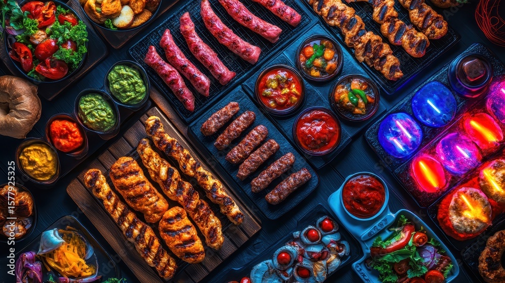 Fototapeta premium Colorful Spread of Grilled Meats and Fresh Ingredients on Table