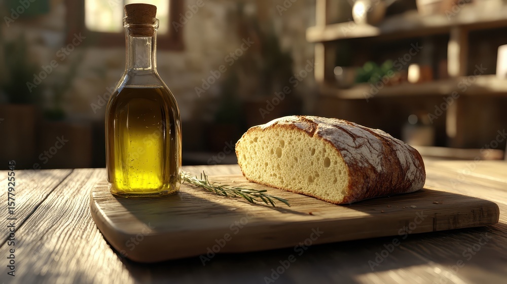 Naklejka premium Fresh Bread and Olive Oil on Wooden Cutting Board in Rustic Kitchen