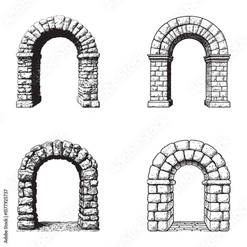 Collection of four distinct stone arches in a hand drawn silhouette style illustration